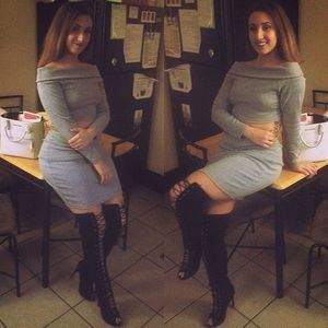 Grey Off Shoulder 2 Piece Long Sleeve Shirt Set